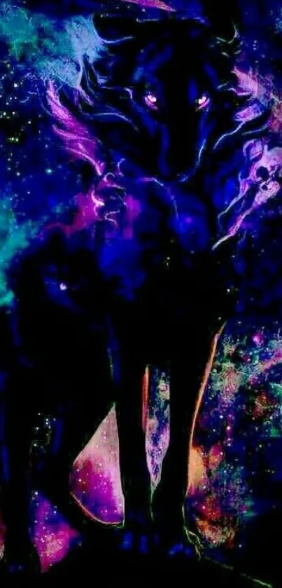 Mystical dark purple wolf within a galaxy design wallpaper.