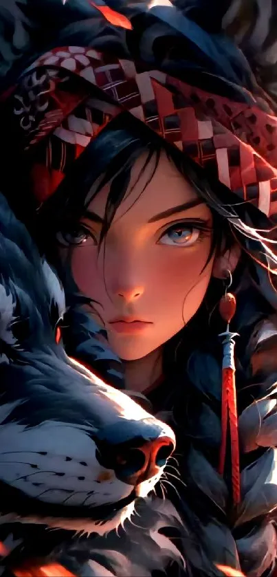 Mystical girl and wolf with vibrant colors in fantasy art wallpaper.