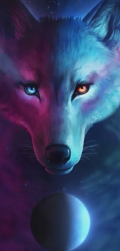 Mystical glowing wolf with neon colors in a celestial theme.