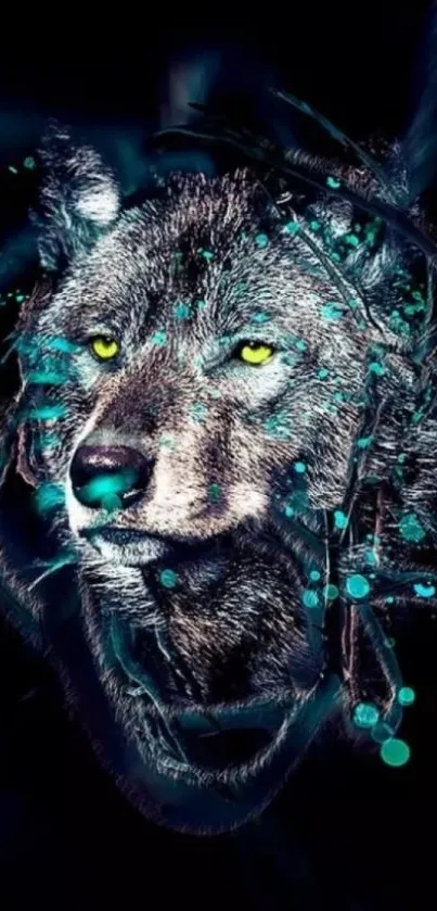 Mystical wolf with glowing eyes on dark background.