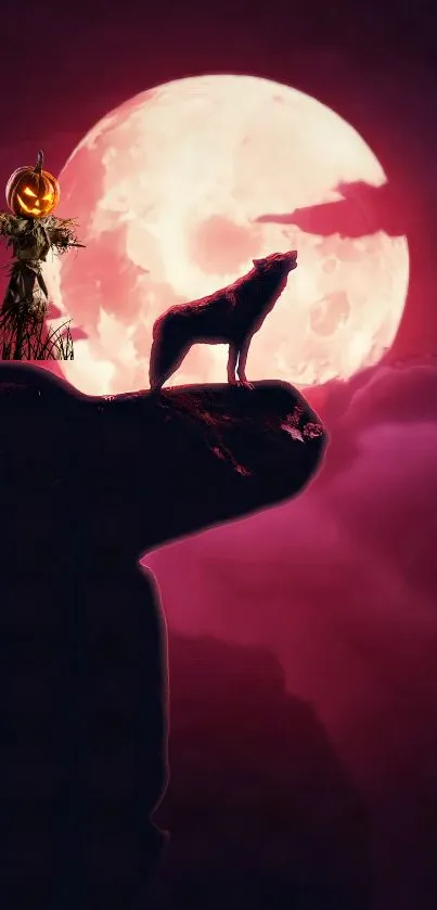 A wolf and scarecrow under a full moon in a Halloween night scene.