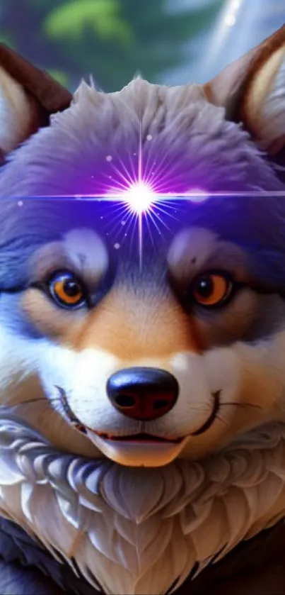 Mystical wolf with glowing star on its forehead in a digital art wallpaper.