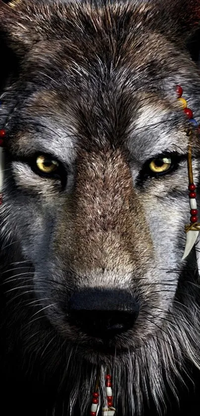 Wolf with tribal decorations on a gray background wallpaper.