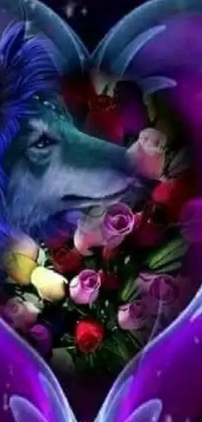 Mystical blue wolf inside a colorful heart with flowers.