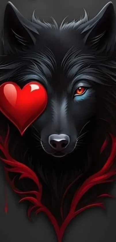 Black wolf with red heart in digital art wallpaper.