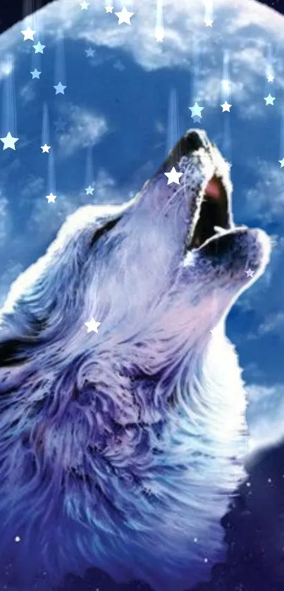 Wolf howling at a luminous full moon with sparkling stars.