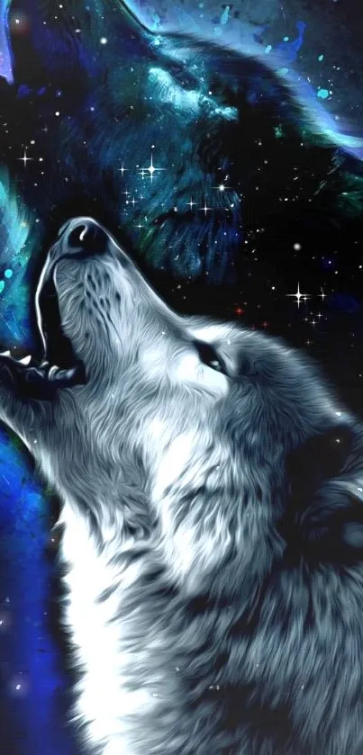 Digital art of a howling wolf with a cosmic background in dark blue hues.