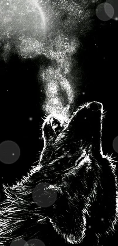 Mystical black and white wolf howling at night sky.