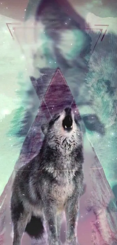 Mystical wolf howling in ethereal colors on a dreamy mobile wallpaper.