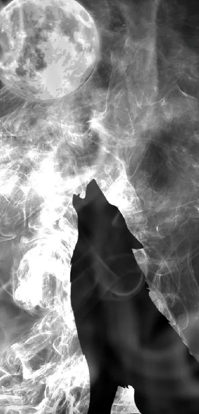 Wolf silhouette against the full moon with smoky shadows.