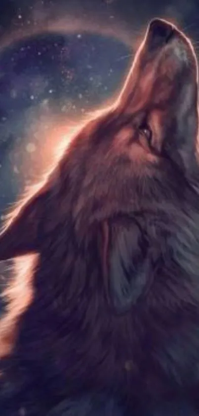 Artistic depiction of a wolf howling against a moonlit sky.