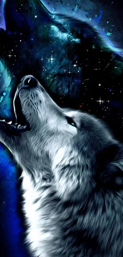 Mystical wolf howling under a cosmic, starry night sky; vibrant dark blue hues.