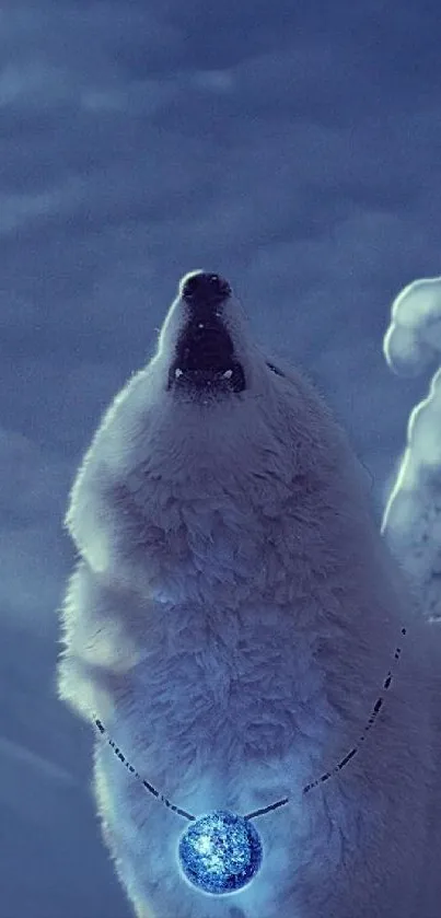 A mystical wolf howling with a glowing blue pendant, set in a snowy landscape.