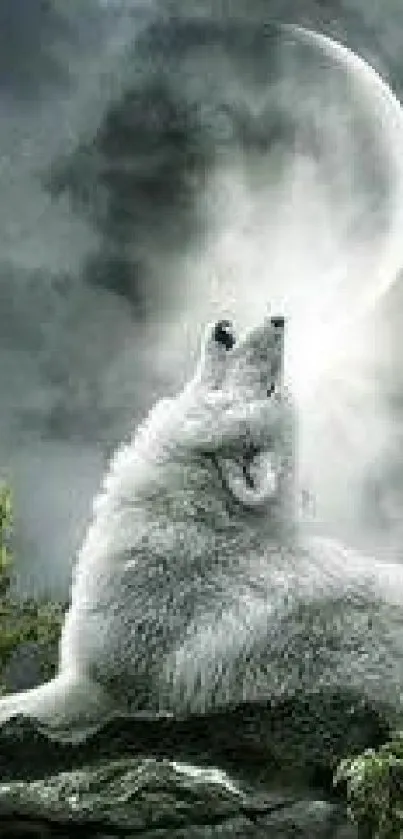 White wolf howling at the moon.