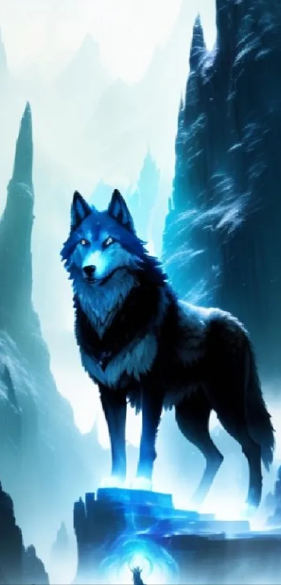 Majestic blue wolf in a mystical arctic landscape with icy peaks.