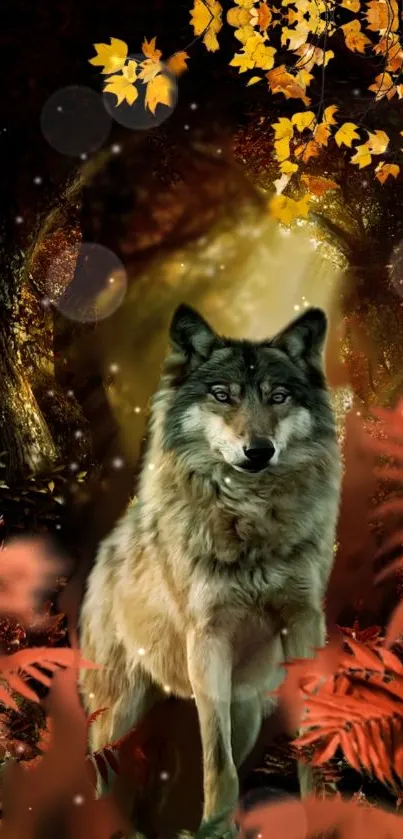 Wolf in a mystical autumn forest with falling leaves.