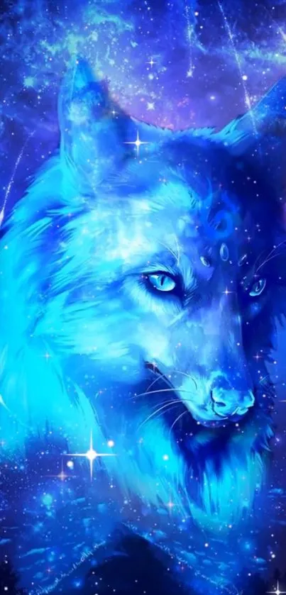 Mystical blue wolf in a cosmic galaxy setting.