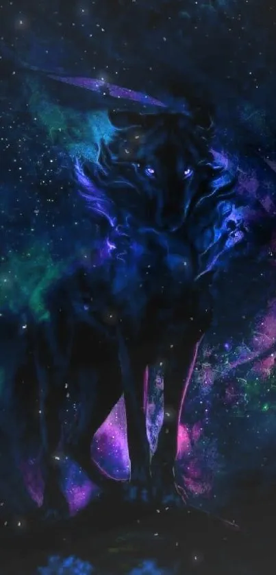 Mystical wolf in cosmic night sky wallpaper.