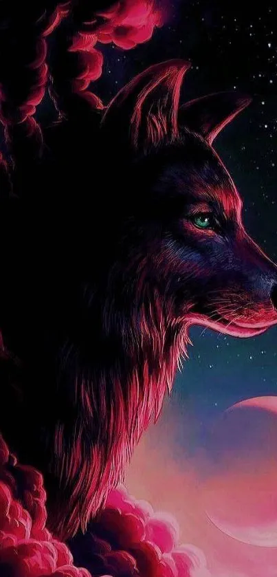 Mystical wolf with pink clouds and crescent moon in a cosmic night sky.