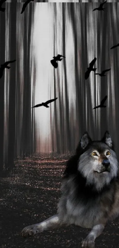 Mystical wolf in a dark forest with flying birds.