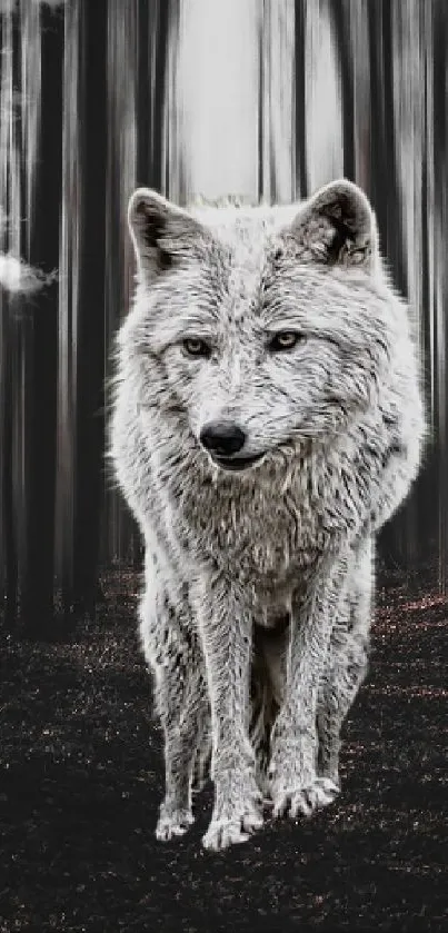 Mystical wolf standing in a dark forest wallpaper.