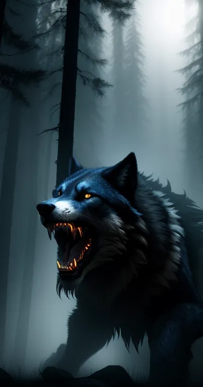 A fierce wolf in a foggy dark forest scene.