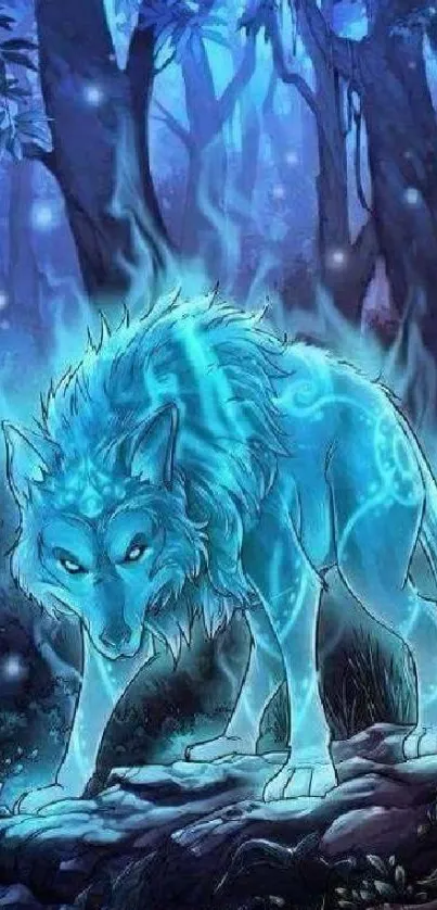 A glowing mystical wolf stands in an enchanted forest, surrounded by blue hues.