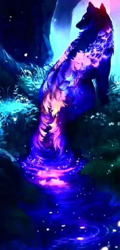 Mystical wolf glowing in cosmic colors within an enchanted forest scene.