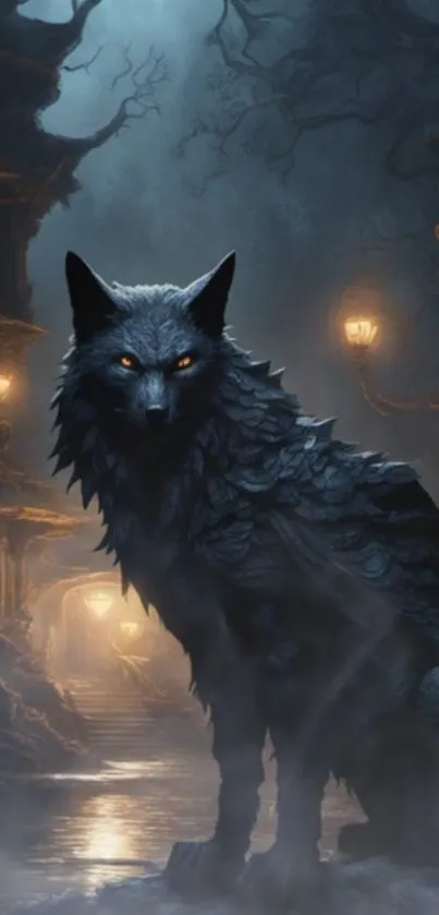 Mystical wolf with glowing eyes in an enchanted dark forest.