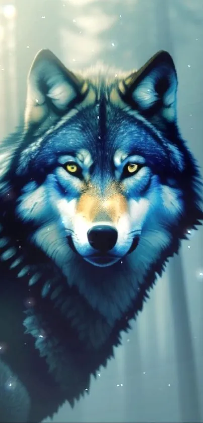 Mystical wolf standing in an enchanted forest with a blue hue.