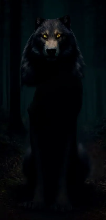 Mystical wolf with glowing eyes in a dark forest wallpaper.