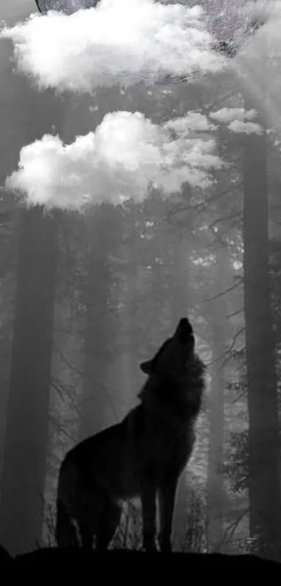 Silhouette of a wolf howling at night in a dark forest.