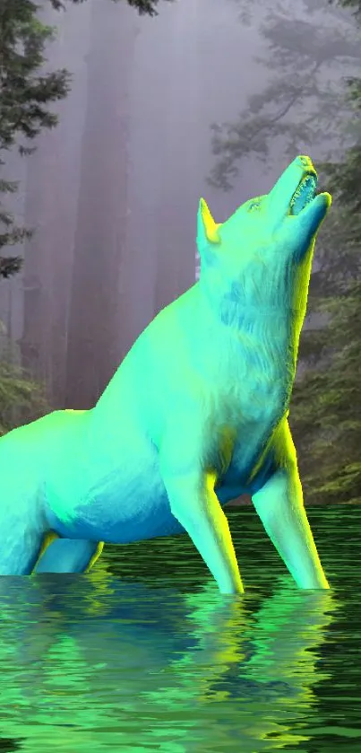 Ethereal wolf in vibrant forest with serene green water.