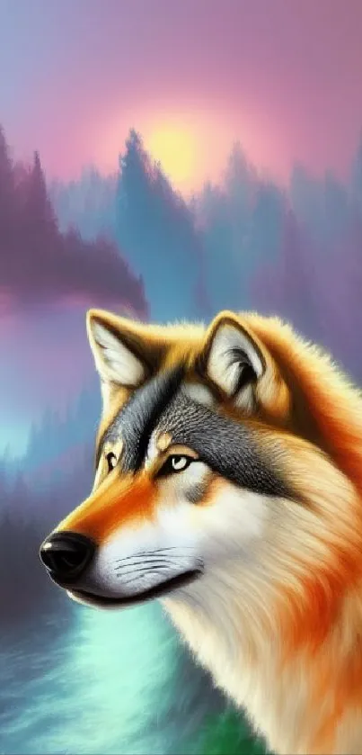 Mystical wolf portrait in a vibrant, colorful forest setting.