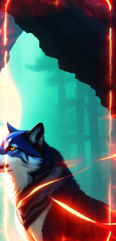 Mystical wolf standing in glowing forest with vibrant teal light.