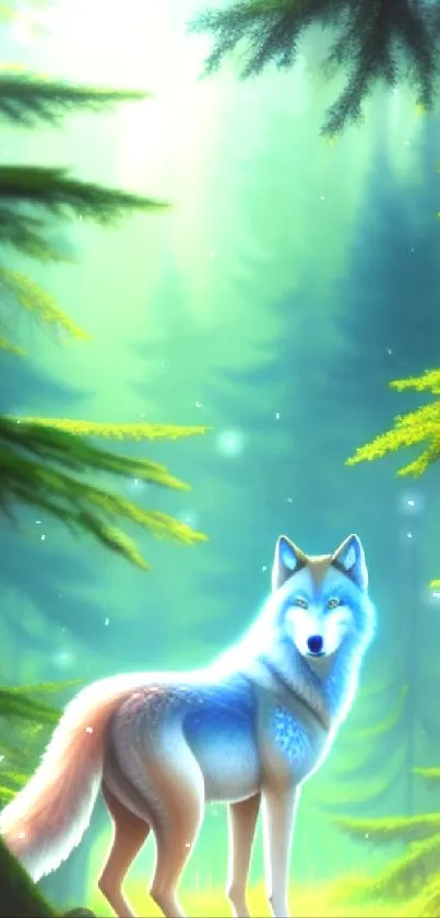 Mystical wolf in a vibrant green forest setting, illustrating nature's beauty.