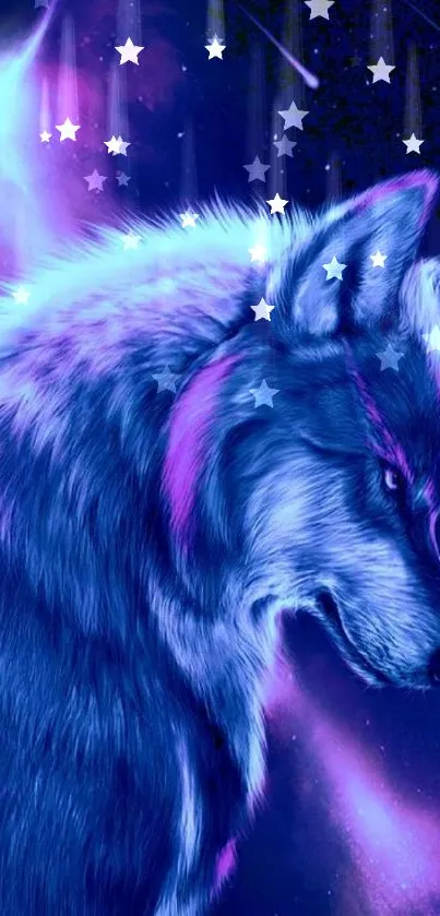 Vibrant wolf with neon galactic background.