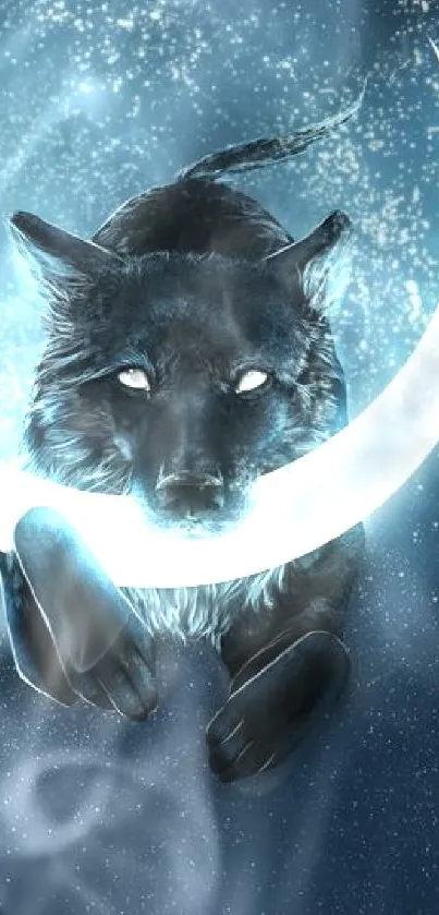 A mystical black wolf holding a crescent moon against a starry night background.