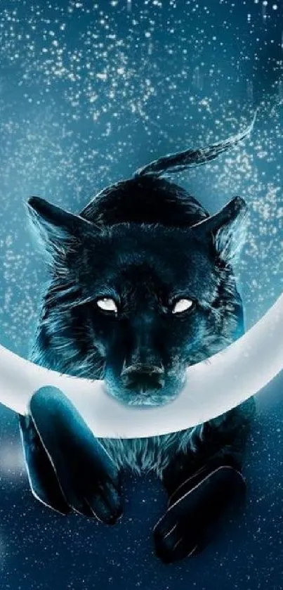 Mystical black wolf with icy crescent moon on starry backdrop.