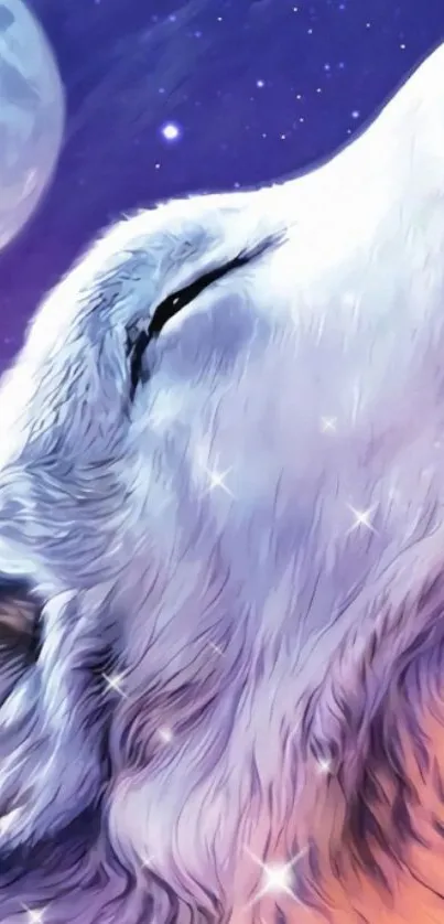 Mystical white wolf howling under a full moon with a purple sky.