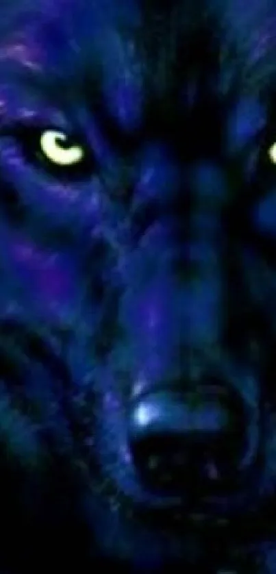 Mystical dark blue wolf with yellow eyes in moonlit setting.