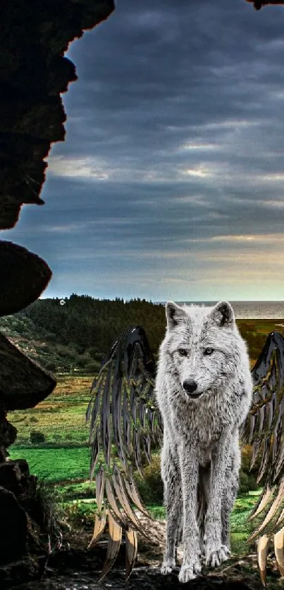 Mystical winged wolf emerging from dark cave into vibrant landscape.