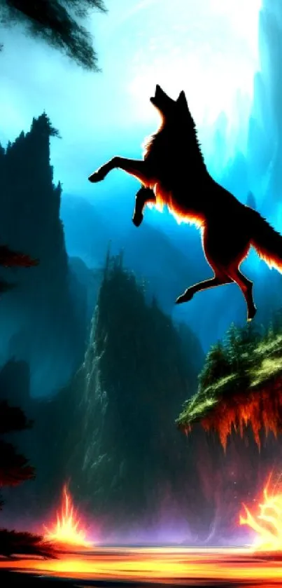 Silhouette of a wolf in a vibrant, neon-lit forest landscape.