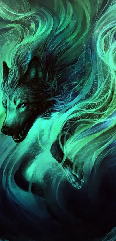 Mystical wolf in swirling neon green waves.