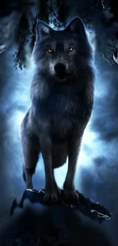 Majestic wolf stands in a moonlit forest, surrounded by blue hues.