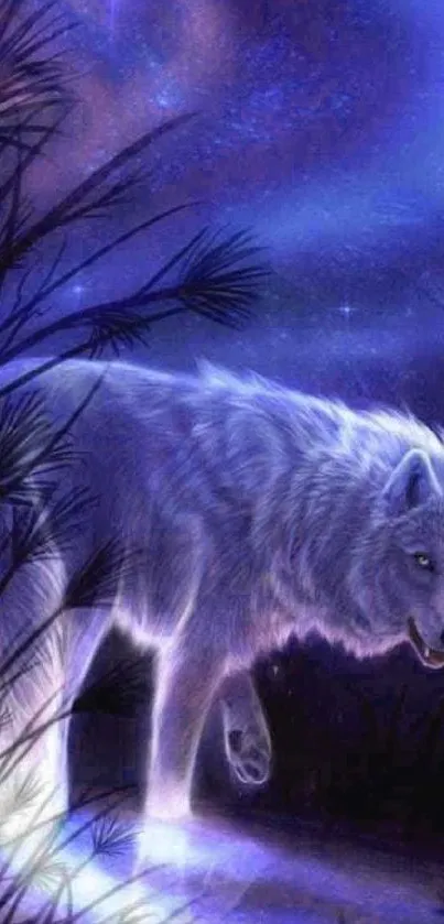 Mystical white wolf under a starry blue night sky.