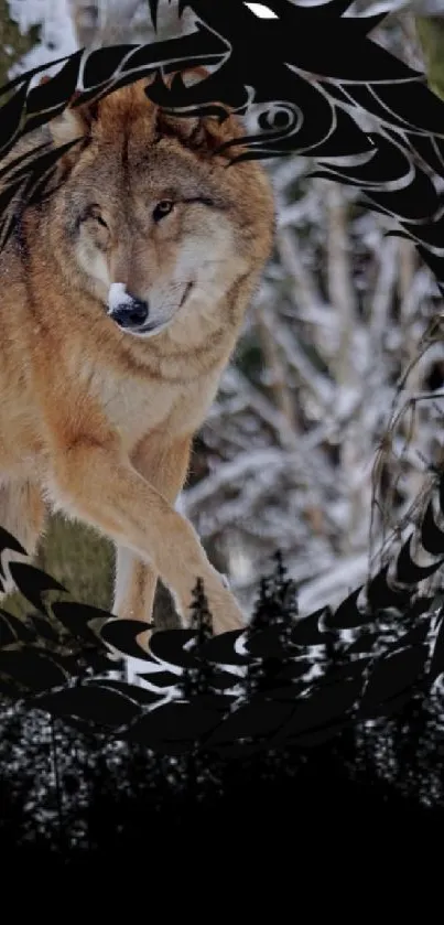 A mystical wolf in a snowy forest background with fantasy theme.