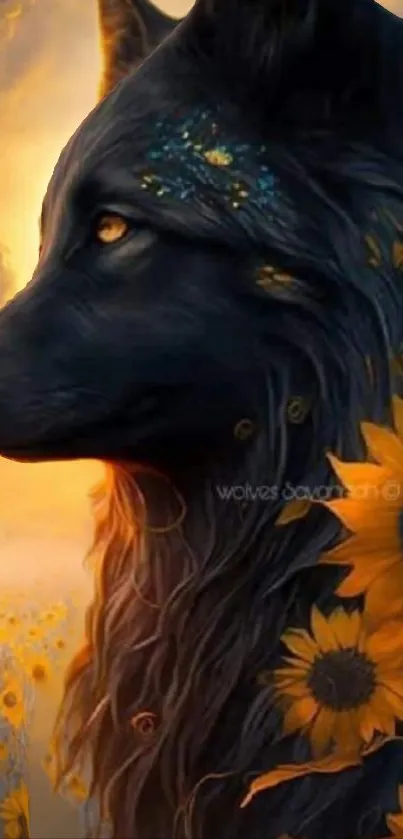 Mystical wolf with sunflowers in a golden sunset.