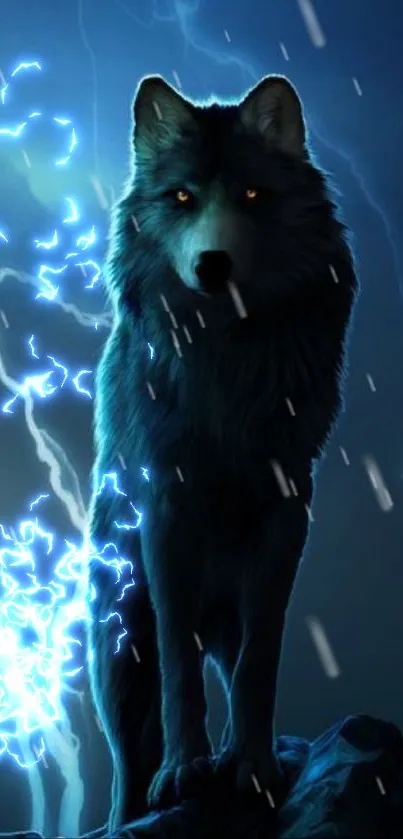 Mystical wolf with lightning in dark sky wallpaper.