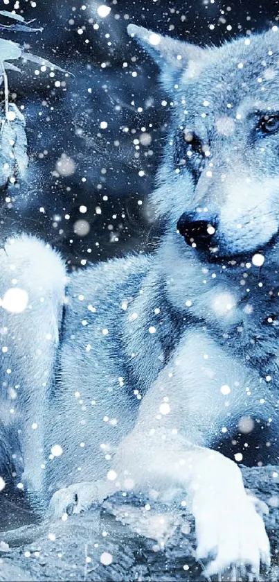 Mystical wolf resting in a snowy, blue-tinted forest.